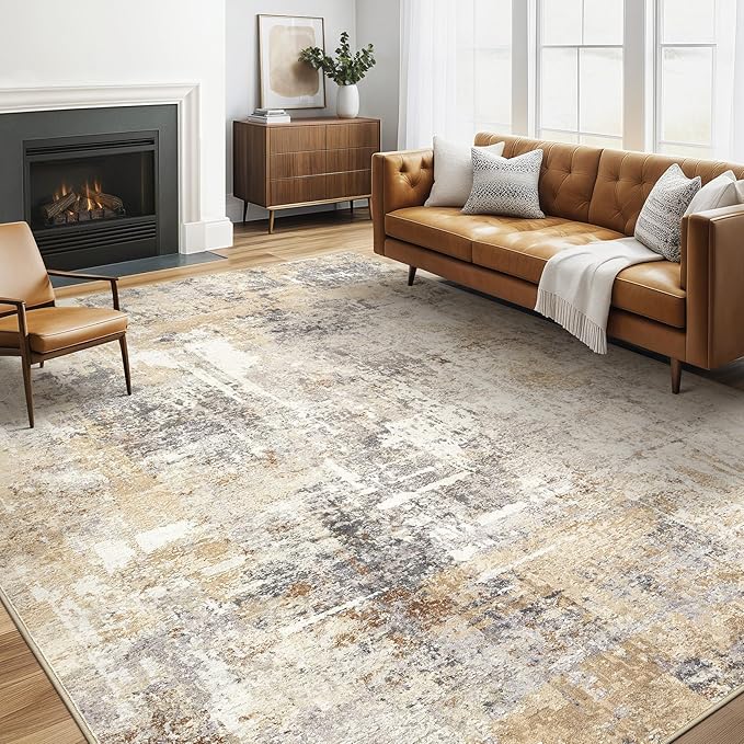 LOONGRUG Washable Abstract Gray Gold Area Rug: Soft, Stain-Resistant Non-Slip 5x7