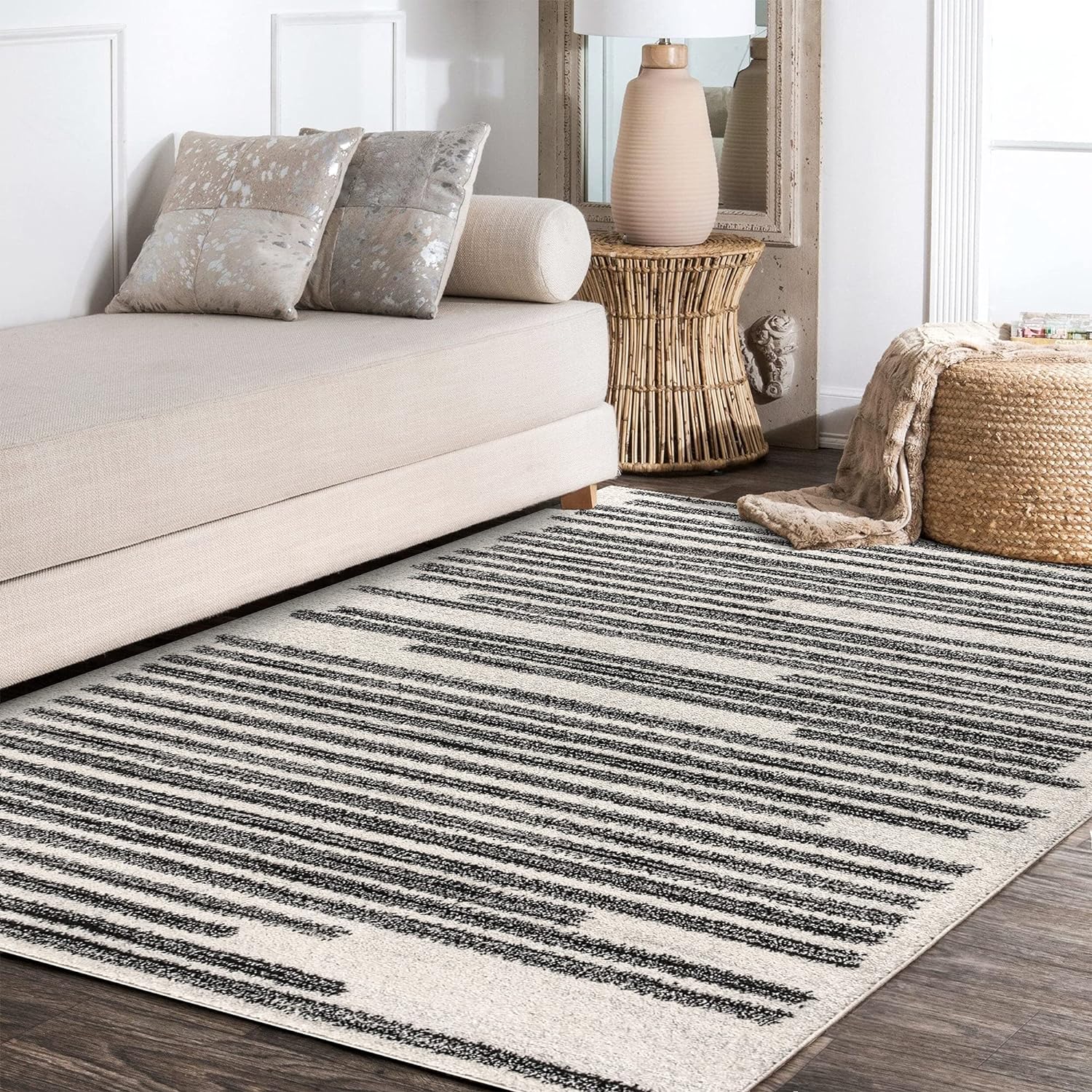 JONATHAN Y Khalil Modern Berber Stripe Cream/Black Indoor Area Rug, Pet-Friendly