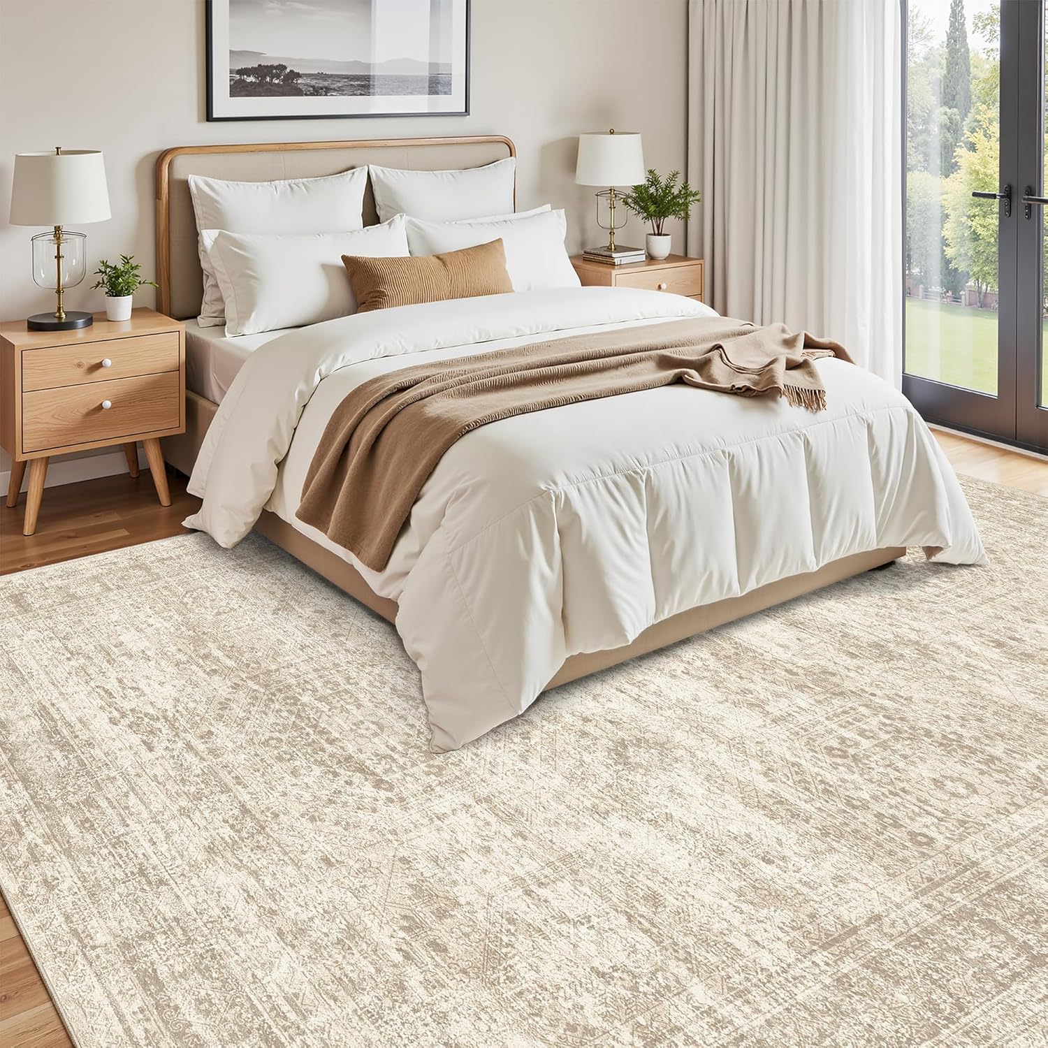 Soalmost Washable Area Rug 8x10, Soft Vintage Beige Carpet for Living Room, Non-Slip, Stain-Resistant