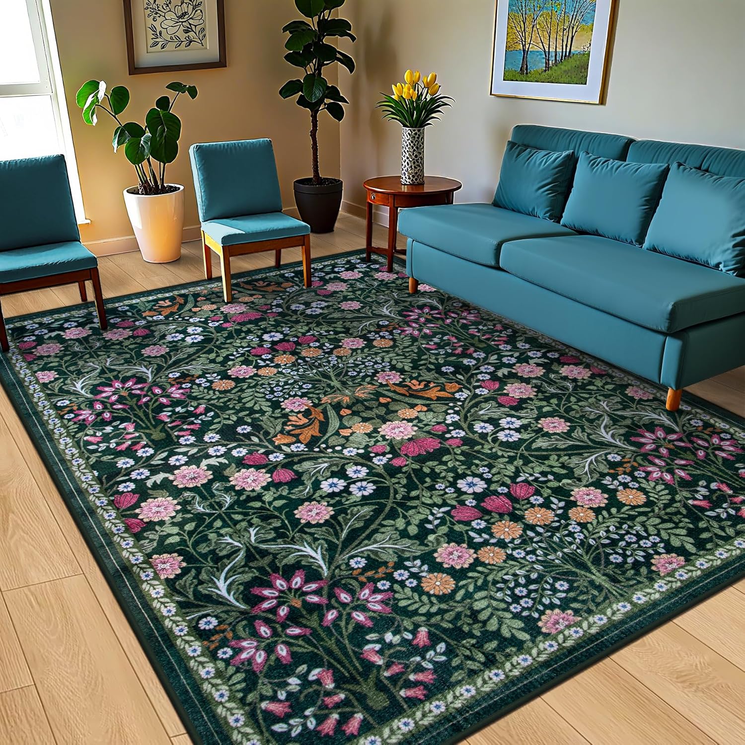 Large 8x10 Floral Washable Area Rug - Vintage Boho, Soft, Non-Slip, Stain Resistant