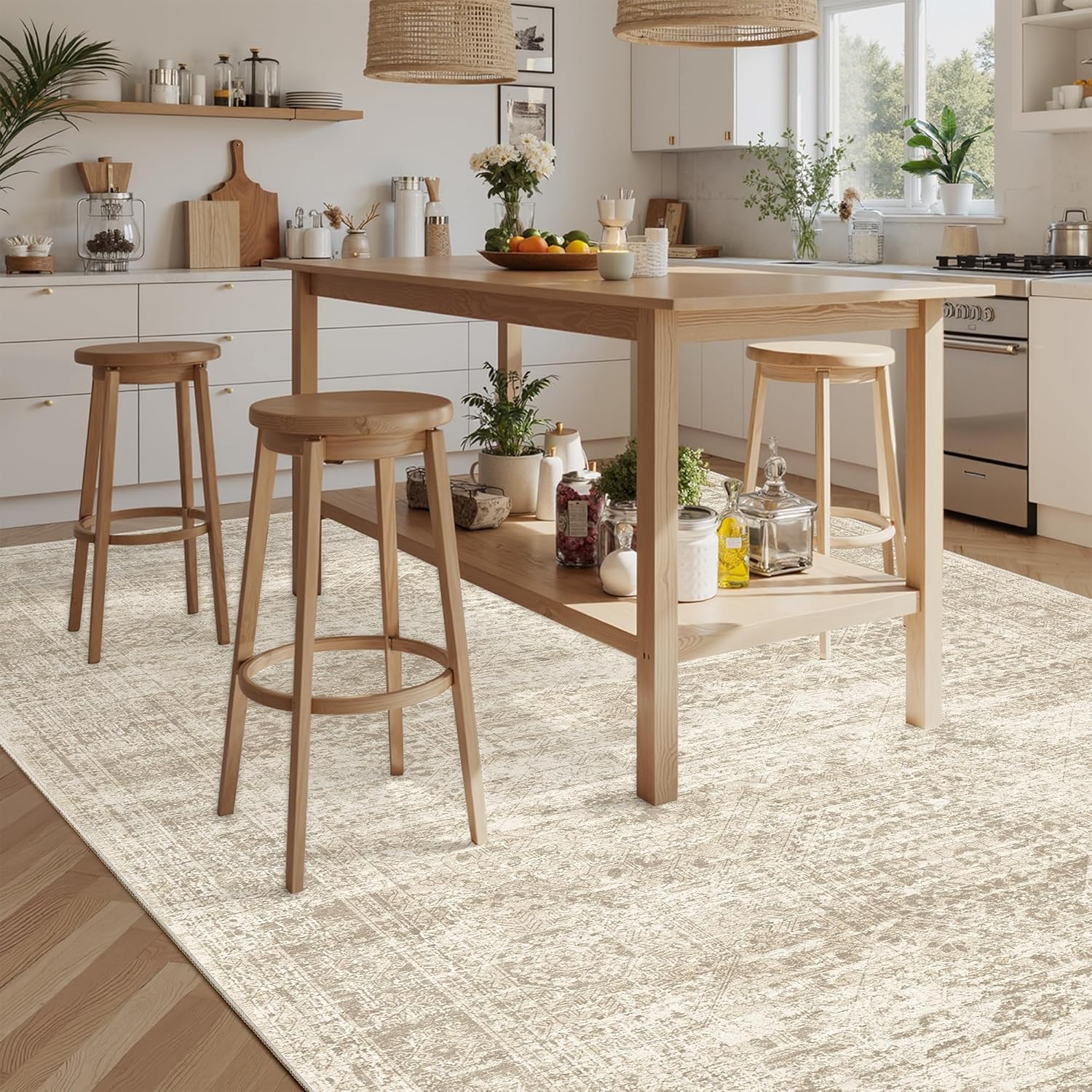 Soalmost Washable Area Rug 8x10, Soft Vintage Beige Carpet for Living Room, Non-Slip, Stain-Resistant