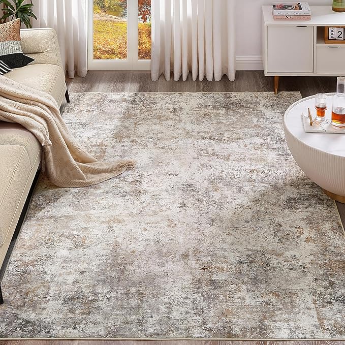 Washable Modern Abstract Area Rug: Soft, Non-Slip, Brown Grey