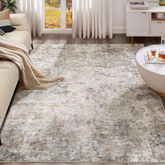 Washable Modern Abstract Area Rug: Soft, Non-Slip, Brown Grey