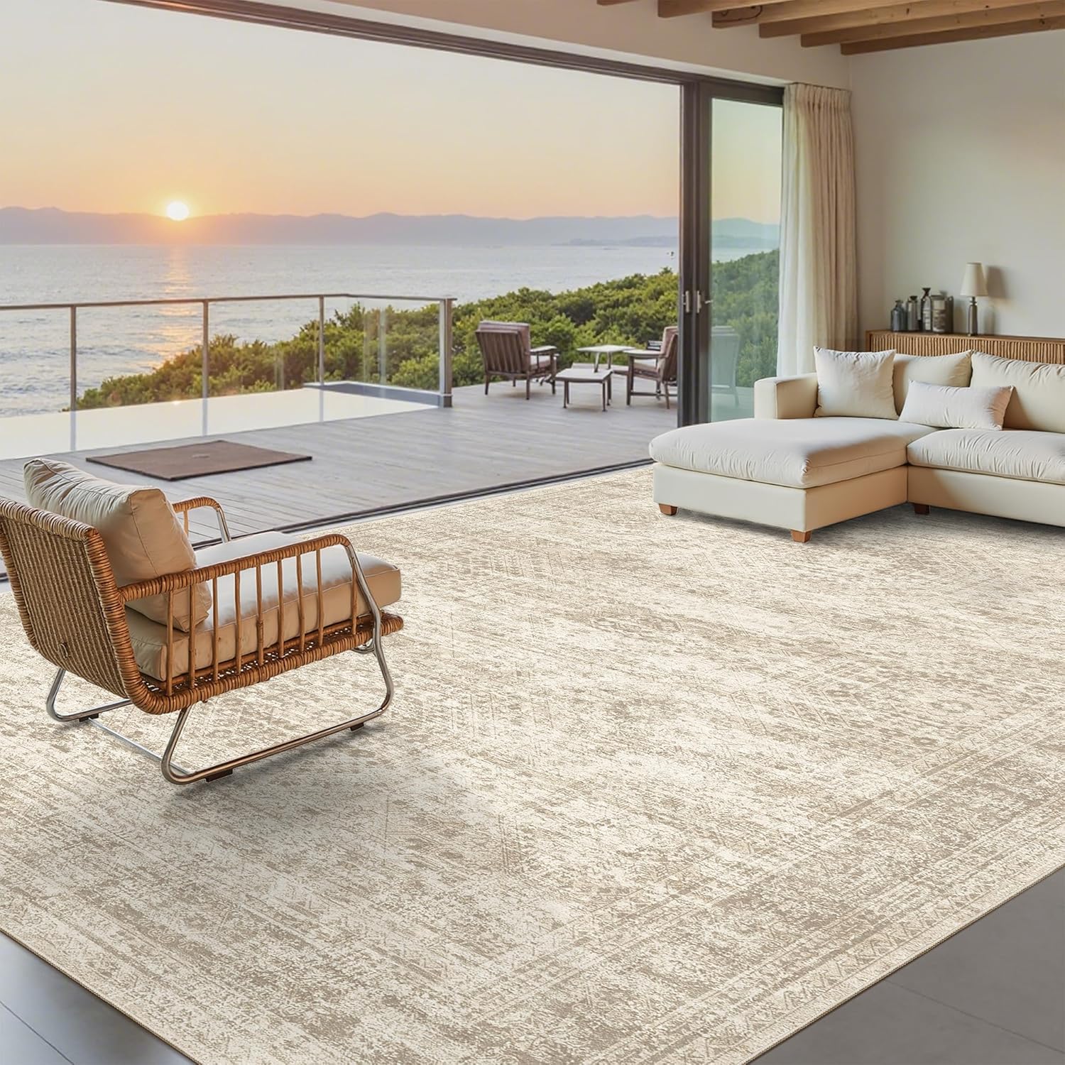 Soalmost Washable Area Rug 8x10, Soft Vintage Beige Carpet for Living Room, Non-Slip, Stain-Resistant
