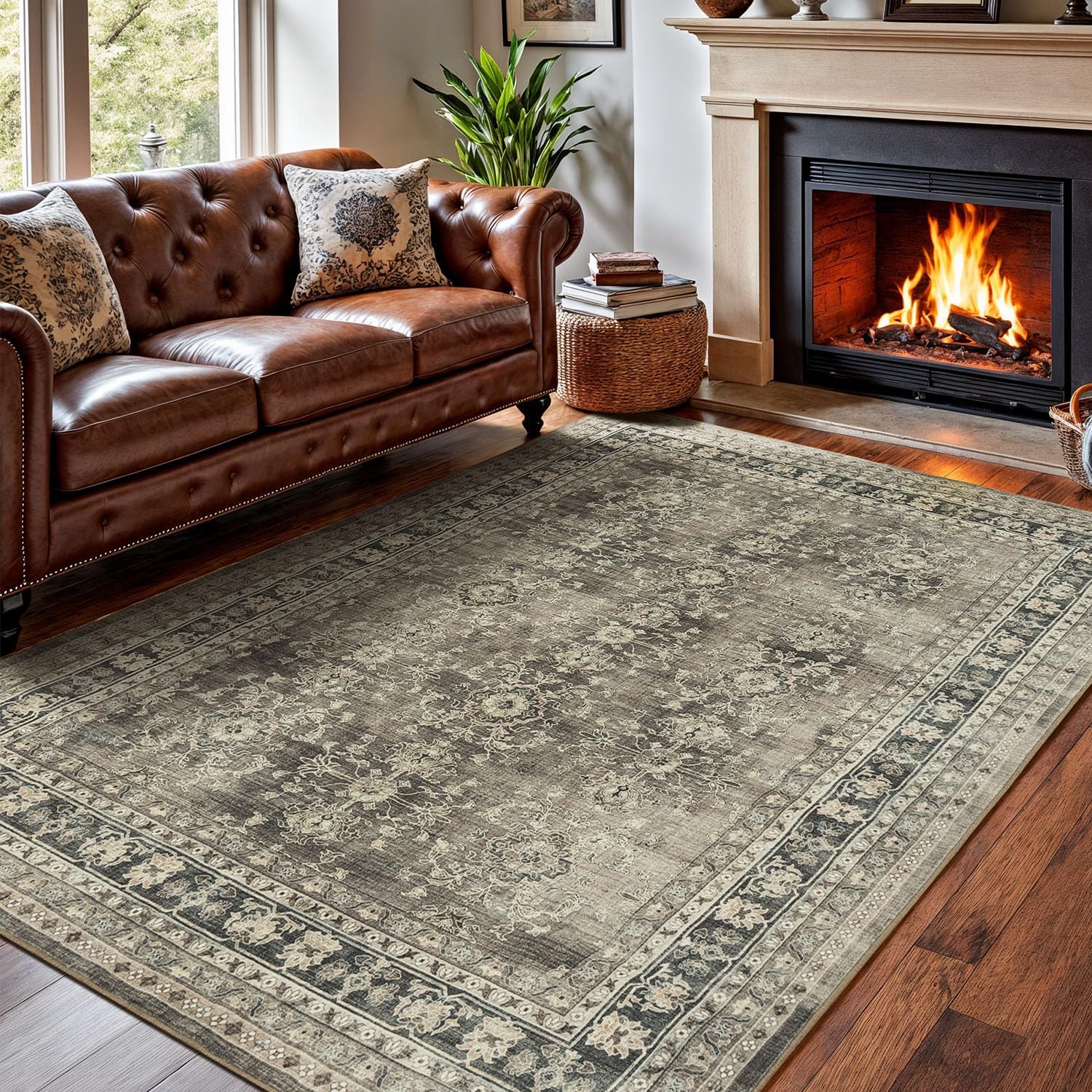 Lessymo Vintage Brown Distressed Floral Area Rug, Machine Washable Non-Slip Carpet