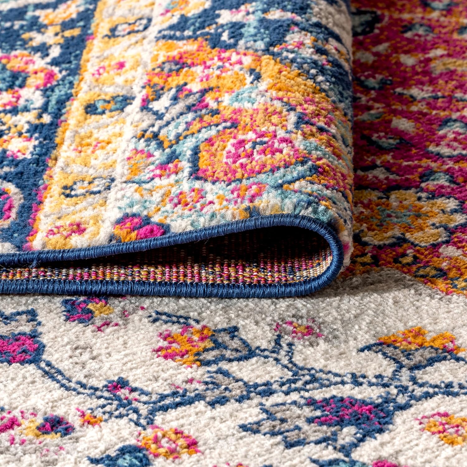 JONATHAN Y Boho Vintage Blue Multi Medallion Indoor Area Rug, Durable Easy-Clean