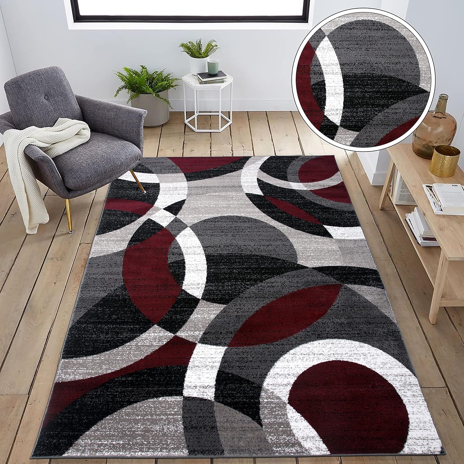 Durable Red Contemporary Abstract Circles Area Rug for High Traffic Living Spaces