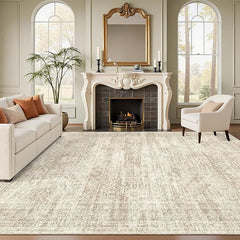 Soalmost Washable Area Rug 8x10, Soft Vintage Beige Carpet for Living Room, Non-Slip, Stain-Resistant