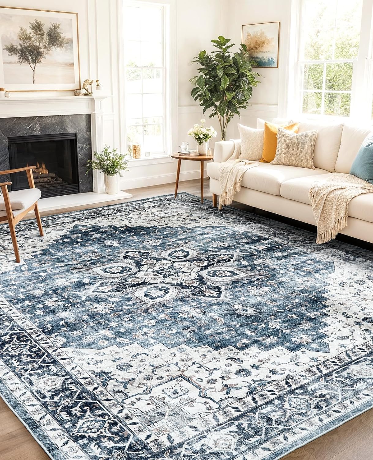 AMADA 8x10 Washable Area Rug: Low-Profile, Non-Slip, Vintage Floral Design