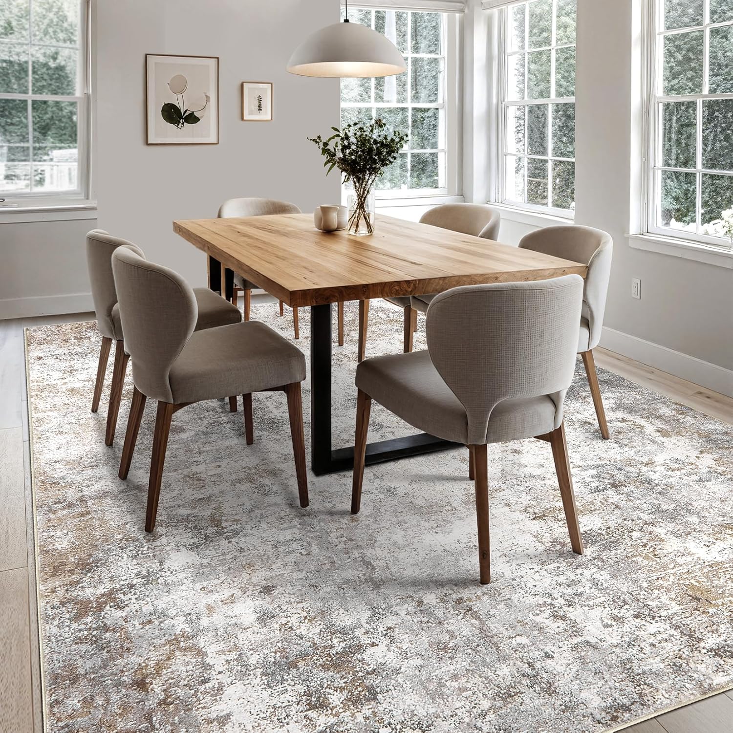 Washable Modern Abstract Area Rug: Soft, Non-Slip, Brown Grey