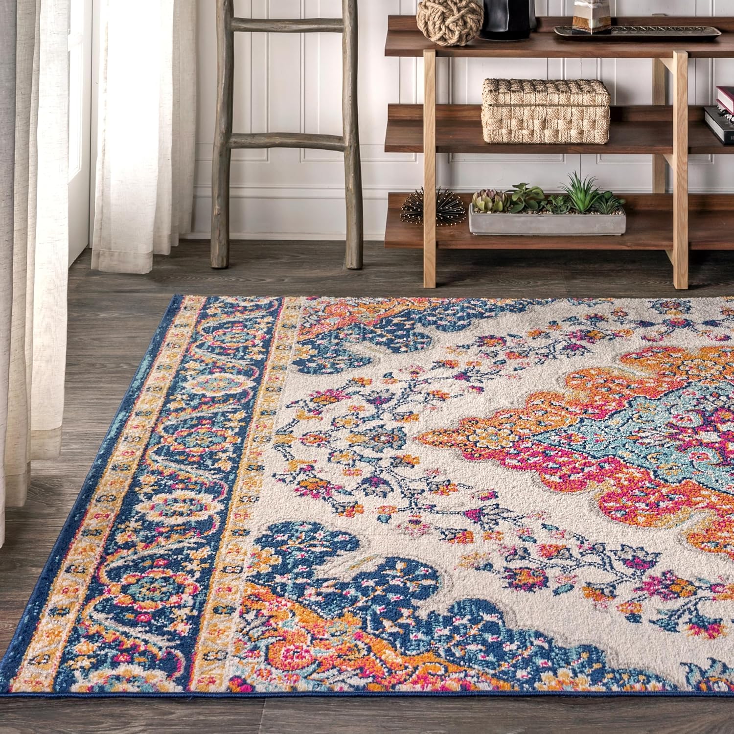 JONATHAN Y Boho Vintage Blue Multi Medallion Indoor Area Rug, Durable Easy-Clean