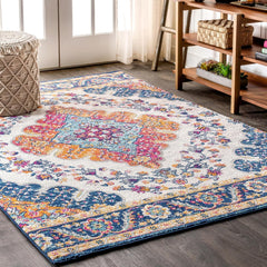JONATHAN Y Boho Vintage Blue Multi Medallion Indoor Area Rug, Durable Easy-Clean
