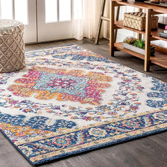 JONATHAN Y Boho Vintage Blue Multi Medallion Indoor Area Rug, Durable Easy-Clean