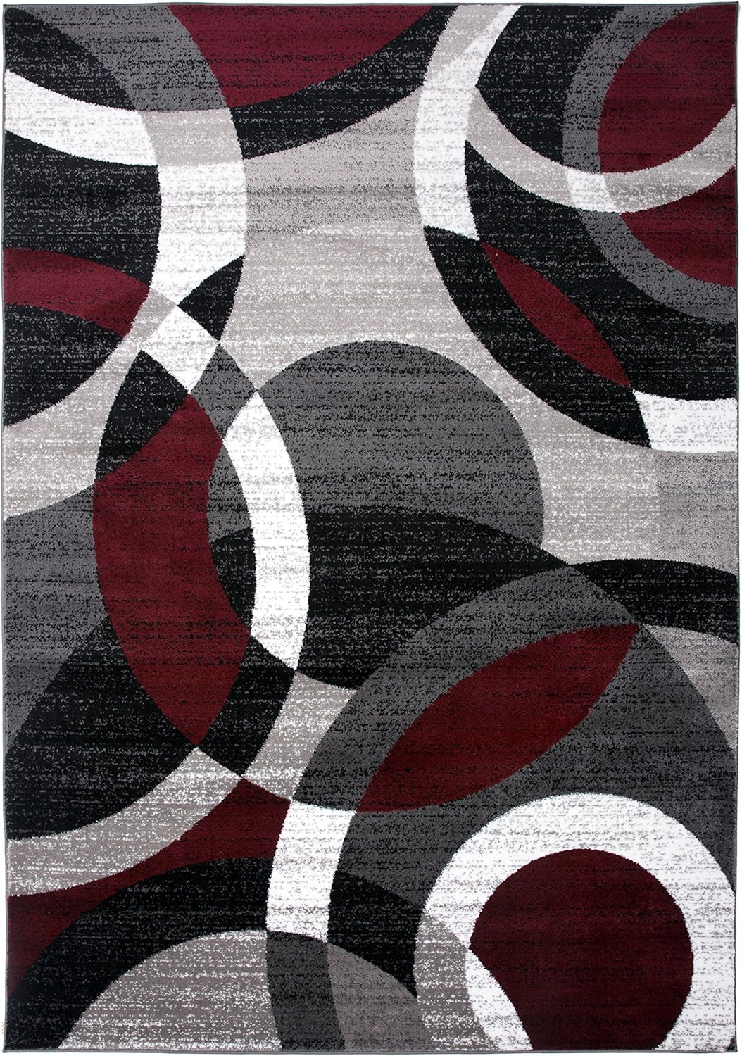 Durable Red Contemporary Abstract Circles Area Rug for High Traffic Living Spaces