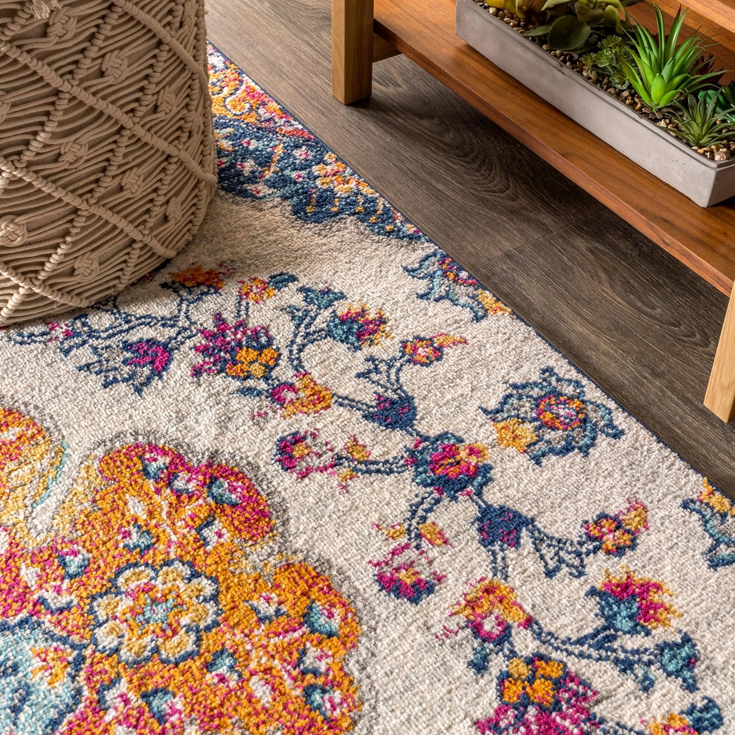 JONATHAN Y Boho Vintage Blue Floral Medallion Indoor Area Rug Durable