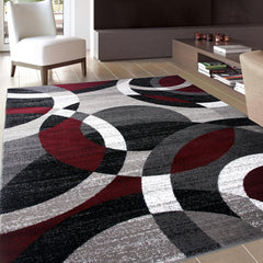 Durable Red Contemporary Abstract Circles Area Rug for High Traffic Living Spaces