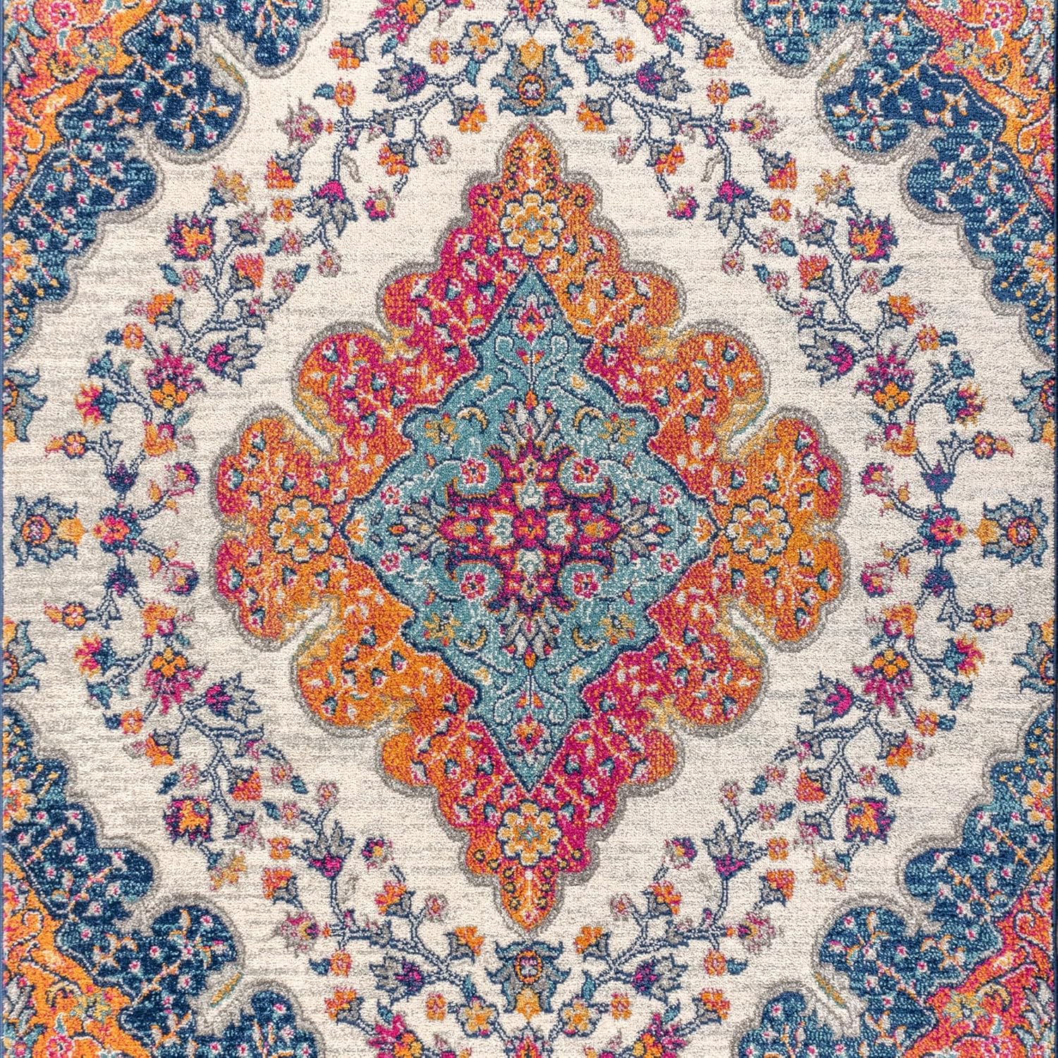 JONATHAN Y Boho Vintage Blue Multi Medallion Indoor Area Rug, Durable Easy-Clean
