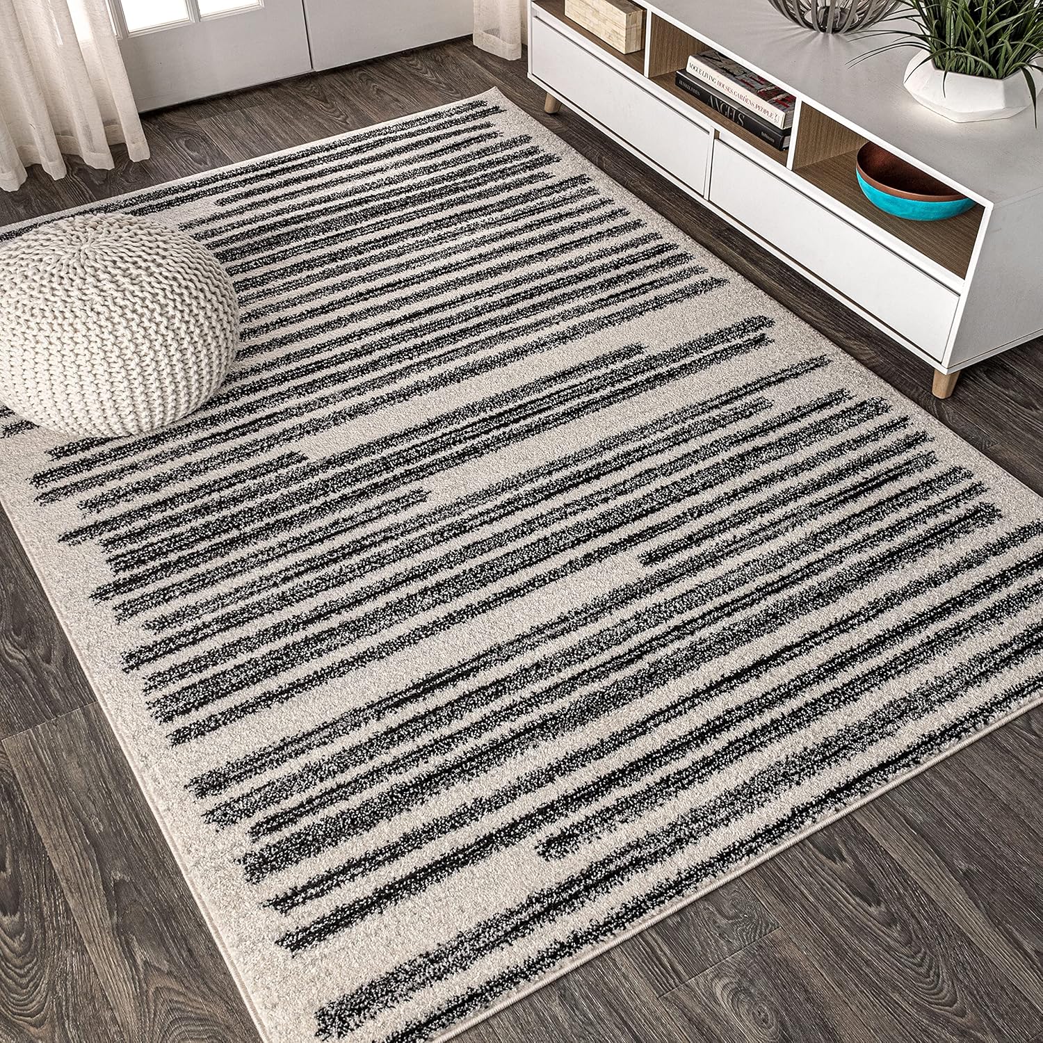JONATHAN Y Khalil Modern Berber Stripe Cream/Black Indoor Area Rug, Pet-Friendly